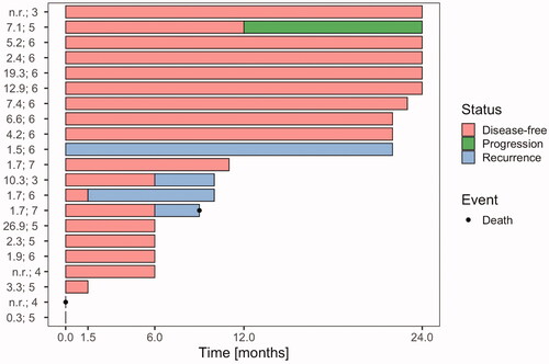 Figure 3. Disease status of study patients after 1.5, 6, 12 and 24 months. Each line represents one patient, n = 21. The time point 0 refers to the end of treatment. A red column between 0 and 1.5 months indicates complete response (CR) at 1.5 months with the assumption that CR was achieved sometimes within this 6-week time period. Similarly, a blue column starting after 1.5 months indicates confirmed local or locoregional recurrence at the 6-month time point. Locoregional recurrences occurred in 4 patients, 3 local and 1 regional. In two patients information about disease status during follow-up is missing, one of the two patients died early after treatment. For each patient, HT treatment data are listed (left); in the first column: mean of values of total CEM43 °C during the treatment course and in the second column: number of total HT sessions. n.r.: not reported.