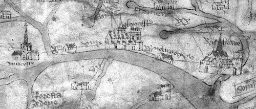 Fig. 6. Gough map. Detail showing the lower Severn valley. On the left wircyster (Worcester) shows the use of Secretary w and of 2-shaped r following i. Secretary w is also seen in newport, located to the right of gloucester (Gloucester). Note the angularity of the initial letter of Bristowe (Bristol), a characteristic of the initial letters of several other town names on the map. (Reproduced with permission from the Bodleian Library, Oxford.)