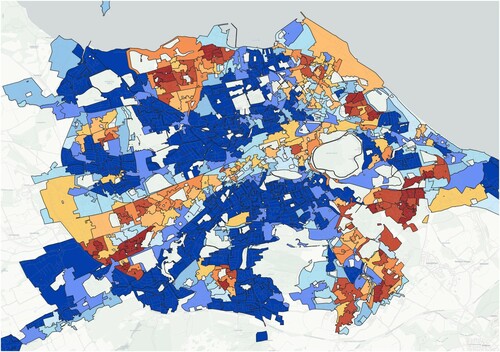 Figure 2: Map of Edinburgh showing the 2020 rankings for deprivation, ranging on a scale from most affluent (dark blue) to most deprived (dark orange). Map drawn by Frank Thomas, using data from the Scottish Index of Multiple Deprivation.