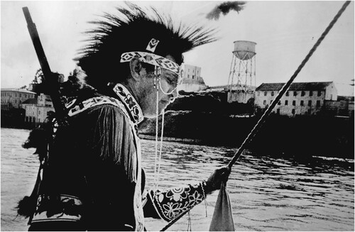 Adam Fortunate Eagle with Alcatraz in the background, © John Ferry, courtesy of the director and the Nordwall Archive, photograph: Beth Begsby, 1969