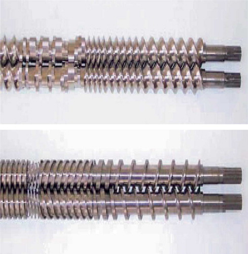 FIGURE 4. Twin screw design examples: intermeshing co-rotating twin-screw (top), and intermeshing counter-rotating twin-screw (Burns et al.). (Courtesy of American Leistritz Co., Somerville, NJ) (bottom).