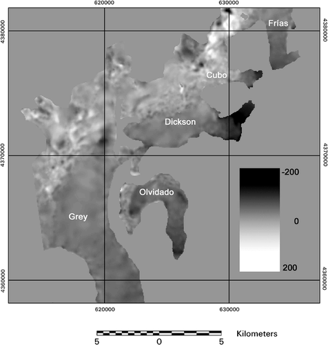 FIGURE 8. Ice elevation changes in meters at the ablation area of Glaciares Frías, Dickson, Olvidado, Cubo, and Grey between 1975 and 1995. UTM coordinates are expressed in meters