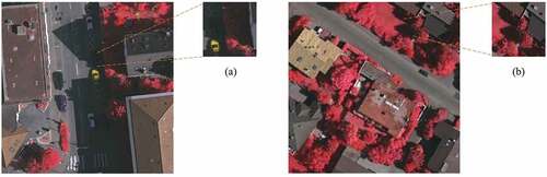 Figure 1. Boundary pixels and shadows in remote sensing image. (a) the building shadows obscure the boundaries of cars and roads. (b) the buildings are intricately connected to low vegetation boundaries.