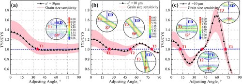 Figure 5. TYS/CYS with variation of adjusting angle calculated from Figure 4: (a) DFT, (b) IFT, and (c) DAT. Grain size sensitivity of TYS/CYS was colored in red and positions where TYS and CYS are equal were marked.