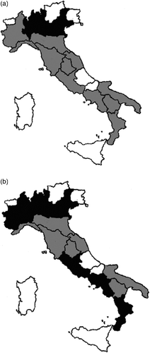 Figure 2 Regions governed by the centre-left and the centre-right before and after the 2010 elections. (a) Italian regional elections 2005. (b) Italian regional elections 2010.Legend: white = regions with no elections in 2010; gray = regions with a centre-left majority; black = regions with a centre-right majority.