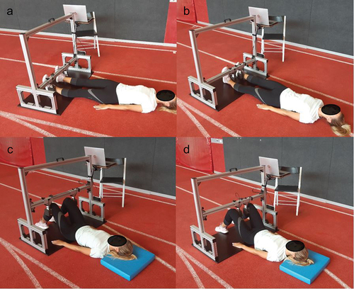 Figure 1. Testing setup for hip strength assessment using frame-stabilized dynamometer system device. a − 0° hip angle abduction. b − 0° hip angle adduction. c − 45° hip angle abduction. d − 45° hip angle adduction.