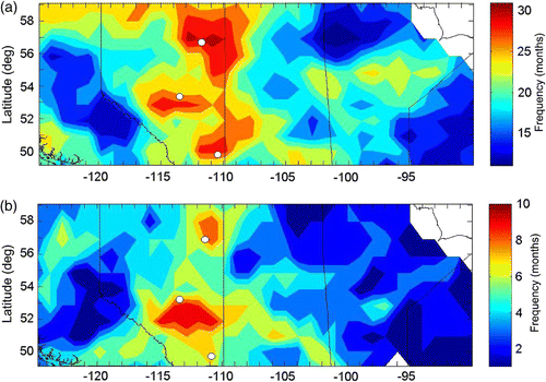 Fig. 1 Number of months with (a) drought (SPI ≤ −0.5) and (b) severe drought (SPI ≤ −1.5) from September 1999–December 2004. The white circles indicate, from north to south, the locations of Fort McMurray, Edmonton, and Medicine Hat.