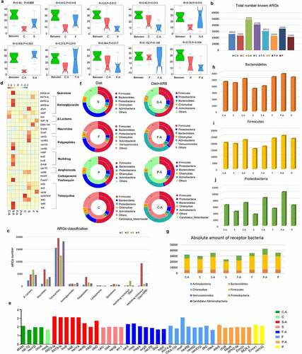 Figure 4. Intestinal resistance gene annotation in different diet groups. Anosim analysis based on the abundance of ARGs in each diet group with and without added ARB (a). Histogram of the total number of ARGs in each group (b). Classification histogram of ARGs in each group (c). Cluster heatmap of the distribution and relative abundance of ARGs in each group (d). Histogram of ARG markers before and after adding ARB in each diet group (e). Double circle diagram of the proportion of ARGs distributed among species. The inner circle is the distribution of species containing ARGs, and the outer circle is the distribution of species with all genes (f). Absolute number of different bacteria containing ARGs in each group (g–i).