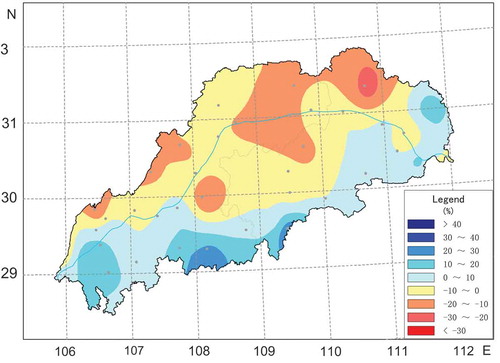 Figure 6. Annual rainfall anomalies in 2018 for the TGR (units: %) with respect to the 1981–2010 average.