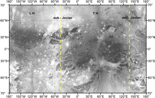 Figure 1. Ganymede Voyager and Galileo Global Mosaic, Mercator projection. The dashed yellow lines define the boundaries of the leading (LH in figure) and the trailing (TH) hemispheres at the W and E, respectively.