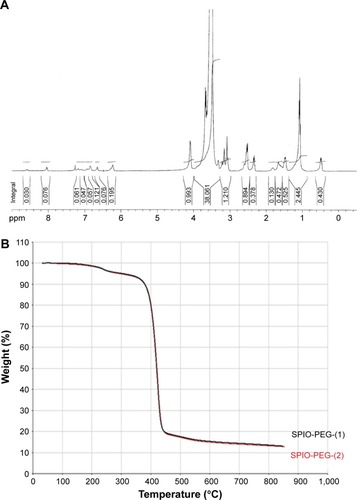 Figure 4 (A) 1H NMR spectra for HOOC-PEG silane. (B) TGA curves of the SPIO-PEG were tested twice.Abbreviations: PEG, polyethylene glycol; TGA, thermogravimetric analysis; SPIO-PEG, superparamagnetic iron oxide with PEG.
