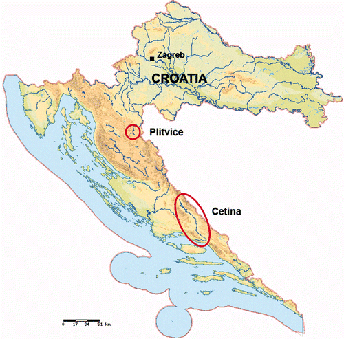 Figure 1. Terrain and watercourses map of Croatia with study areas.