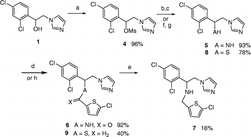 Scheme 2 Synthesis of compounds 4–9. Reaction conditions: (a) MsCl, TEA, dichloromethane, 96%; (b) NaN3, DMF; (c) LiAlH4, THF; (d) 5-chloro-2-thienylcarbonyl chloride, TEA, dichloromethane, 92%; (e) LiAlH4, THF, 16%; (f) CH3COSK, THF; (g) NaOH, THF, H2O; (h) 2-chloro-5-(chloromethyl)thiophene, NaH, THF.