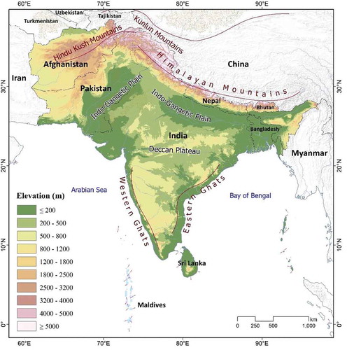Figure 1. Location of South Asia with its elevation profiling – A 30 m spatial resolution Shuttle Radar Topographic Mission, Digital Elevation Model Data was used to prepared elevation profiles.