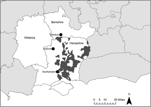 Figure 1. Map showing the location of sites in southern England mentioned in the text and the extent of the Bishop of Winchester’s medieval landholding in Hampshire (in dark grey).