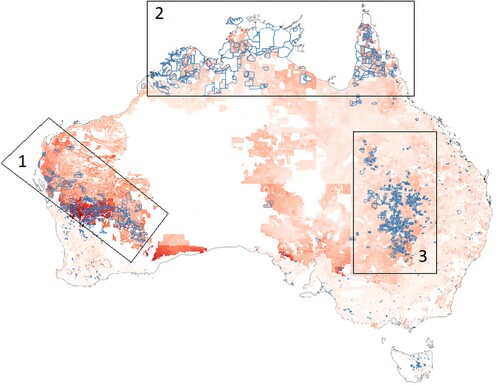 Figure 2. Map of approved abatement projects and the biomass/agricultural profit layer (M/PFE) ratio for Australia.
