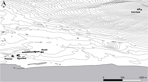Fig. 1  Topographical map of the Zackenberg valley with contour lines at 10 m intervals showing the locations of the study sites.