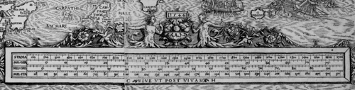 Figure 6 Nikolaos Sophianos,Descriptio Nova Totius Grœciœ, 1545 (see Fig. 5). Detail showing the scale bar. The units of measurement are Greek stadia and German, Gallic and Italian miles. Along the bottom, on either side of the motto the initials CH are those of the Strasbourg mathematician Christman Herlin who compiled the scales for Oporin in 1544 (the date is given above the decoration). (Reproduced with permission from CitationSotheby's.)