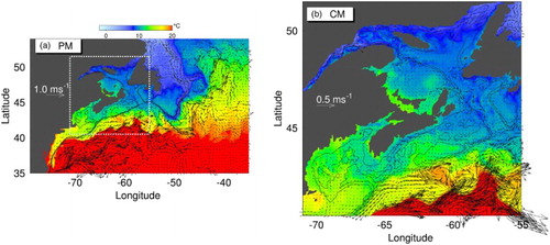 Fig. 4 Five-day mean fields of temperature and currents at 9 m on 7 July 2004 produced by (a) the PM and (b) the CM in TWN-CR. Velocity vectors are plotted at every third model grid point.