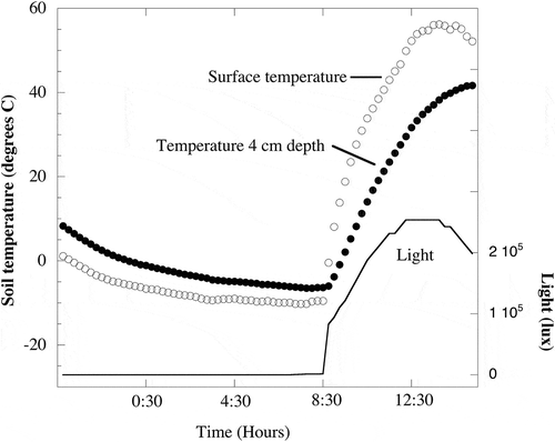 Figure 3. Soil temperatures and light measured at 5500 m.a.s.l. on Volcán Socompa during a summer night and day (Feb. 10 and 11, 2009). Soil surface temperatures ranged from −10.2°C at 7:30 h to a high of 56.2°C at 13:45 h. Temperatures at 4 cm depth ranged from −6.5°C at 7:45 h to 41.7°C at 15:15 h. No light penetrated to 4 cm depth and light at the surface reached the maximum measurable levels (253,512 lx) for a period of 1.75 h starting at 12:15 h. Temperature data were originally reported in Lynch et al. (Citation2012) and light data are previously unpublished.