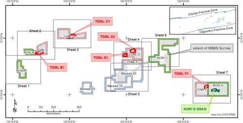 Figure 1. Survey areas, sub-areas and 1:250 K map sheets. NORI stands for Nauru Ocean Resources Incorporated; TOML for Tonga Offshore Mining Limited; Marawa for Marawa Research and Exploration Limited.