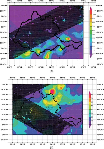Figure 8. TRMM 3B42 product showing accumulated rainfall (mm) for the Mahanadi basin on (a) 2 July 2011 and (b) 21 July 2011.