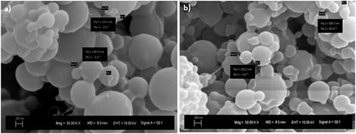 Figure 8. SEM image of (a) B. braunii and (b) M. aeruginosa extract-loaded nanoparticles.