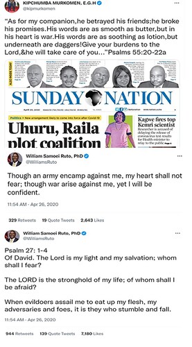 Figure 1. Biblical verses quoted by Ruto and his allies. Tweet from @kipmurkomen, 27 April 2020: https://x.com/kipmurkomen/status/1254810201305292800; Tweets from @williamsruto, 26 April 2020: https://x.com/WilliamsRuto/status/1254333111766302723; https://x.com/WilliamsRuto/status/1254333107299385344.