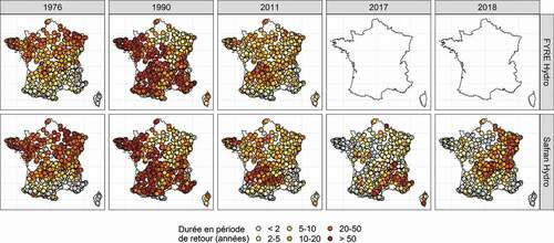 Figure 4. Période de retour de la durée de quelques événements récents, selon Safran Hydro et FYRE Hydro. En gris, les stations non concernées par l’évènement.