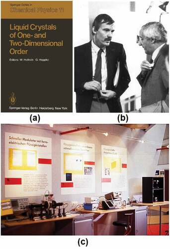 Figure 3. Examples of books, professional meetings and outreach activities by Prof. Gerd Heppke. (a) Cover of a book [Citation90] published on the occasion of the Liquid Crystal Meeting 1980 at Garmisch-Partenkirchen (Germany). (b) Gerd Heppke and Gerhard Meier (Fraunhofer IAF Freiburg) at the Bunsen-Colloquium 1983, which was organised by Heppke in Berlin. (c) Exhibition at the Hannover Fair 1985, where general properties of liquid crystals, the selective reflection of blue phases, and an optical transmission line of acoustic signals utilising an electro-optic modulator were demonstrated.