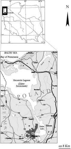 Figure 1. The locality of the monitoring site at Natural Science Faculty of Szczecin University, see white square frame(149 m a. s. l.; 53°26′26″N, 14°32′50′′E), and the Meteorological Station Szczecin/Dabie ‐ black square frame. [Adapted p.p. from on‐line: MultiMap/Collins Bartholomew Ltd 2004.]