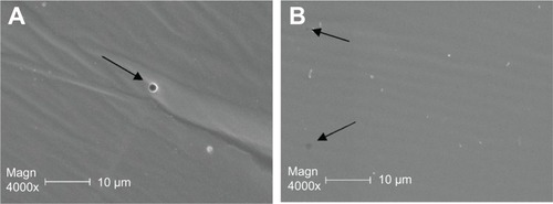 Figure 8 Scanning electron microscope images of the capsule of the foldable capsular vitreous body where (A) 300 nm-mm apertures were observed in the capsule before release study and (B) apertures were observed at the end of release study.