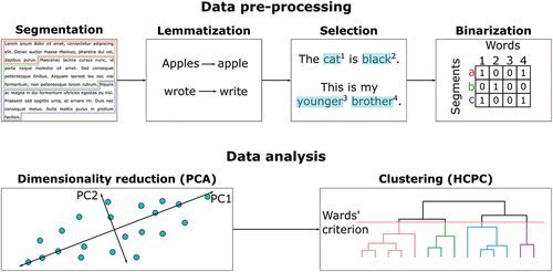 Figure 1. Data analysis pipeline. The data were first preprocessed (i.e., segmentation, lemmatization, word selection, binarization) and then analyzed (i.e., PCA, HCPC).