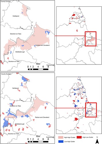 Figure 1. Local indicator of spatial association (LISA) maps of betting shops and all crime categories (combined) in Middlesbrough in 2015: (top) all crimes and (bottom) betting shops.Sources: Contains Ordnance Survey (OS) data © Crown copyright and database right (2017) and National Statistics data © Crown copyright and database right (2015).