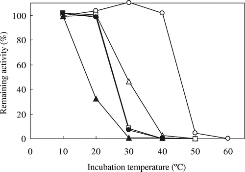 Fig. 3. Thermostability of wild-type and chimeric ICLs.Note: The thermostabilities of ICL activities were assayed at 20 °C after incubation at the indicated temperatures for 10 min and further incubation on ice for 10 min, and the remaining activities were expressed as percentages of ICL activity without incubation. Symbols are the same as in Fig. 2.