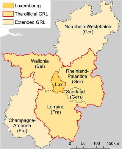 Figure 2. The study area of Luxembourg situated within the official delineation of the Greater Region of Luxembourg, and our extended GRL definition used in this study.