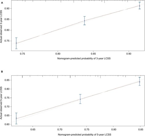Figure 5 (A) Calibration curve of the nomogram for predicting 3-year LCSS rates of patients undergoing sublobar resection for stage IA NSCLC. (B) Calibration curve of the nomogram for predicting 5-year LCSS rates of patients undergoing sublobar resection for stage IA NSCLC.Abbreviations: LCSS, lung cancer-specific survival; NSCLC, non-small-cell lung cancer.