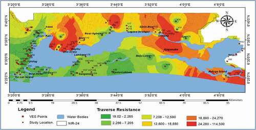 Figure 11. Transverse resistance map of areas around the Lagos Lagoon