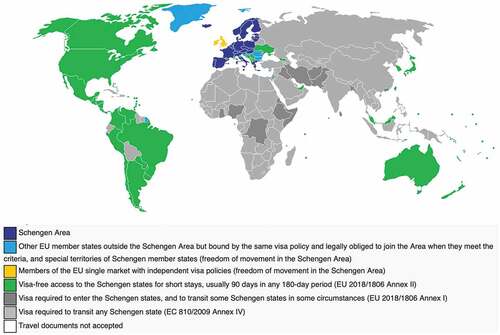 Figure 1. The paper fortress of the EU.Source: https://commons.wikimedia.org/wiki/File:Schengen_visa_requirements.png (06-02-2020).