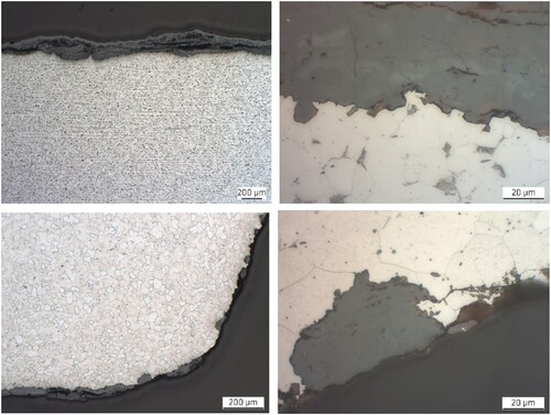 Figure 7. Microstructure of the two steel profiles investigated with scanning electron microscopy (SEM). Upper left: flat profile – cross-section in rolling direction with corrosion layer, low magnification. Upper right: flat profile – cross-section in rolling direction with corrosion layer, high magnification. Lower left: angular profile – cross-section perpendicular to rolling direction with corrosion layer, low magnification. Lower right: angular profile – cross-section perpendicular to rolling direction with corrosion layer, high magnification.