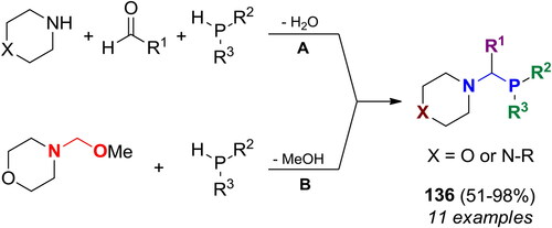 Scheme 90. Phospha-Mannich reactions of secondary phosphines with morpholine and N-substituted piperazines. Products, yields, 31P NMR shifts, and related references, are listed in Table S21.