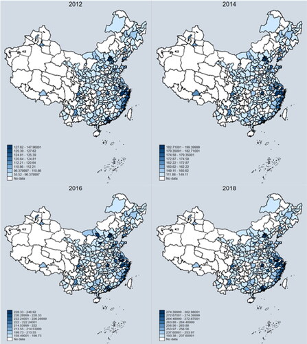 Figure 3. Development of digital financial inclusion in prefecture-level cities 2011–2018.Source: made by the authors based on the data from The Peking University Digital Financial Inclusion Index of China.