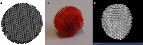 Figure 4.  Example of a scaffold fabricated using stereolithography (SLA). A: Computer-aided design (CAD) image of the structure. B: Completed SLA-fabricated scaffold with very regular pore size distribution. C: Microcomputerized tomography (microCT) image of the scaffold.