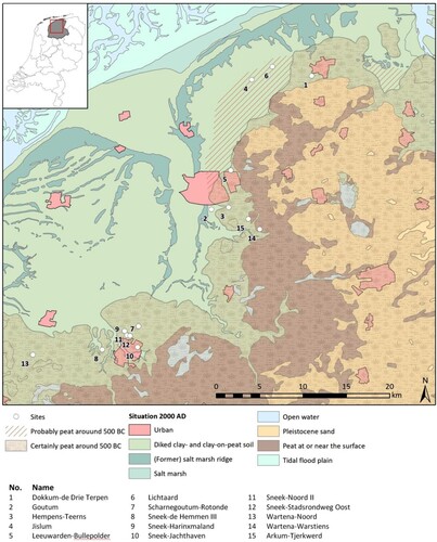 Figure 1. Locations mentioned in the text and the original extent of the peat area around 500 BC plotted on a palaeo-geographical map of 2000 AD of the province of Friesland (based on Vos in prep.; modified by the author).