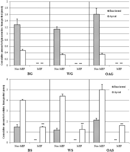 Figure 4. Efflux transport of glucuronides and sulfates of B, W and OA at the apical and basolateral sides during absorption in the Caco-2 cell monolayer model.