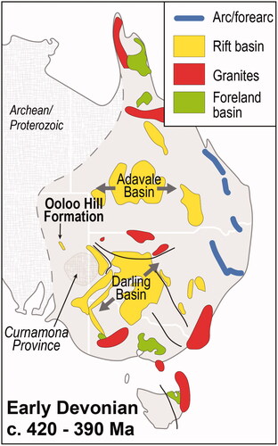 Figure 14. Sketch map showing major sedimentary and igneous regions of eastern Australia formed during the Early Devonian, modified from Rosenbaum (Citation2018). The Ooloo Hill Formation is shown as an example of a small rift basin developed above pre-existing crust to the northwest of the Coompana Province. The Adavale and Darling basins are indicated, with approximate axis of extension that formed the basin after Rosenbaum (Citation2018). Archean/Proterozoic terranes are undifferentiated.
