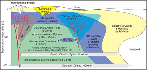 Figure 6. Schematic model of hydrothermal alteration mineral zonation (modified after Christie et al. Citation2007; Simpson and Christie Citation2019). Hard bar: miners term for moderately to weakly altered rock enclosed in strongly altered rock.