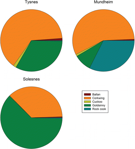 Figure 4. Species composition of wrasse (Labride) at the three locations Tysnes, Mundheim and Solesnes in the Hardangerfjord region in 2011.