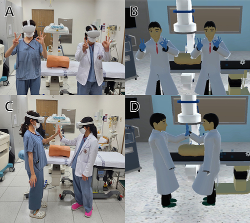 Figure 1 Networked virtual simulator with postural and spatial awareness. (A) Two trainees wearing the devices making hand gestures. (B) Avatars in the virtual space mirroring the hand gestures. (C) Hand-to-hand testing of spatial alignment in an actual procedure room. (D) Note the successful spatial matching between the avatars connected to the virtual space through the network.