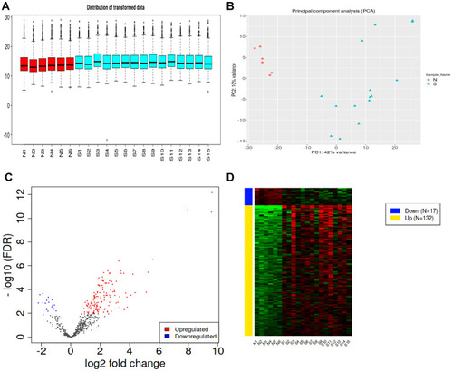 Figure 2 Box plot (A), principal component analysis (B), volcano map (C), and heat map (D) of sepsis samples. The criteria for selection of differentially expressed proteins was set as fold-change ≥1.5, false discovery rate (FDR)<0.01.